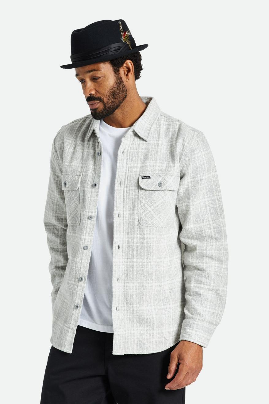 Grey / White Brixton Bowery Heavy Weight L/S Men's Flannels | 856139IOD