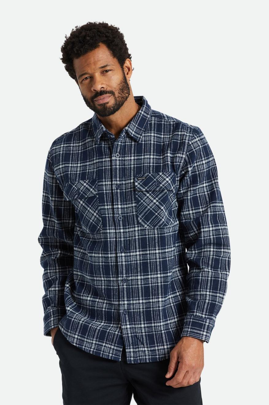 Navy / Grey Brixton Bowery Heavy Weight L/S Men's Flannels | 431279XKU