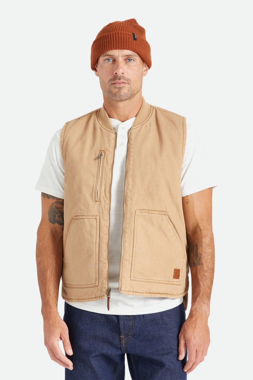 Beige Brixton Abraham Reversible Vest Men\'s Jackets | 317420SLQ