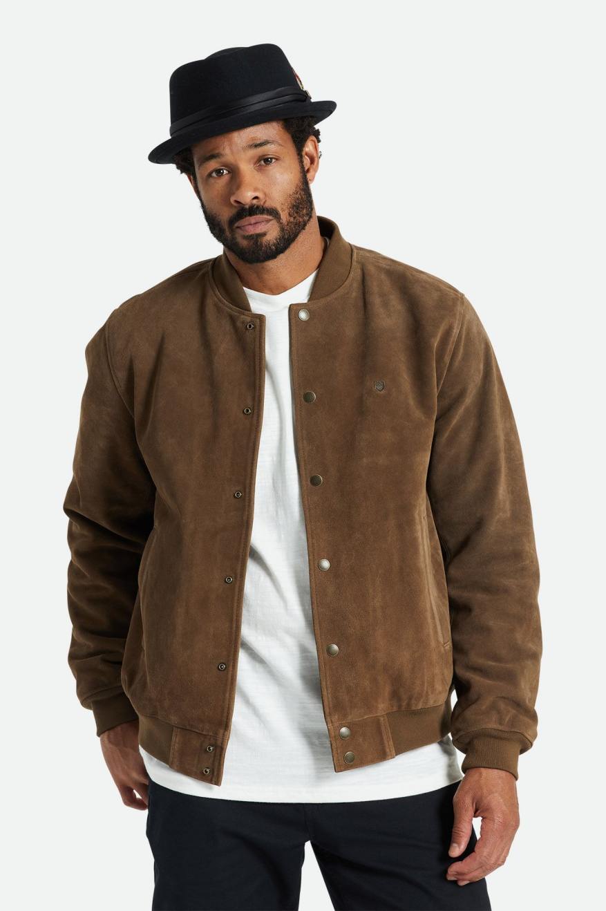 Brown Brixton Dillinger Reserve Suede Bomber Men's Jackets | 907138IVX