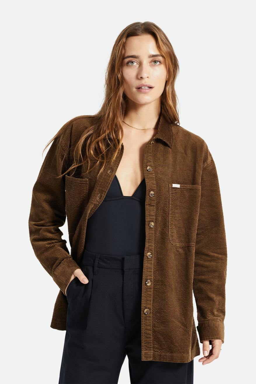 Brown Brixton Dundee Corduroy Overshirt Women's Tops | 602193WCX