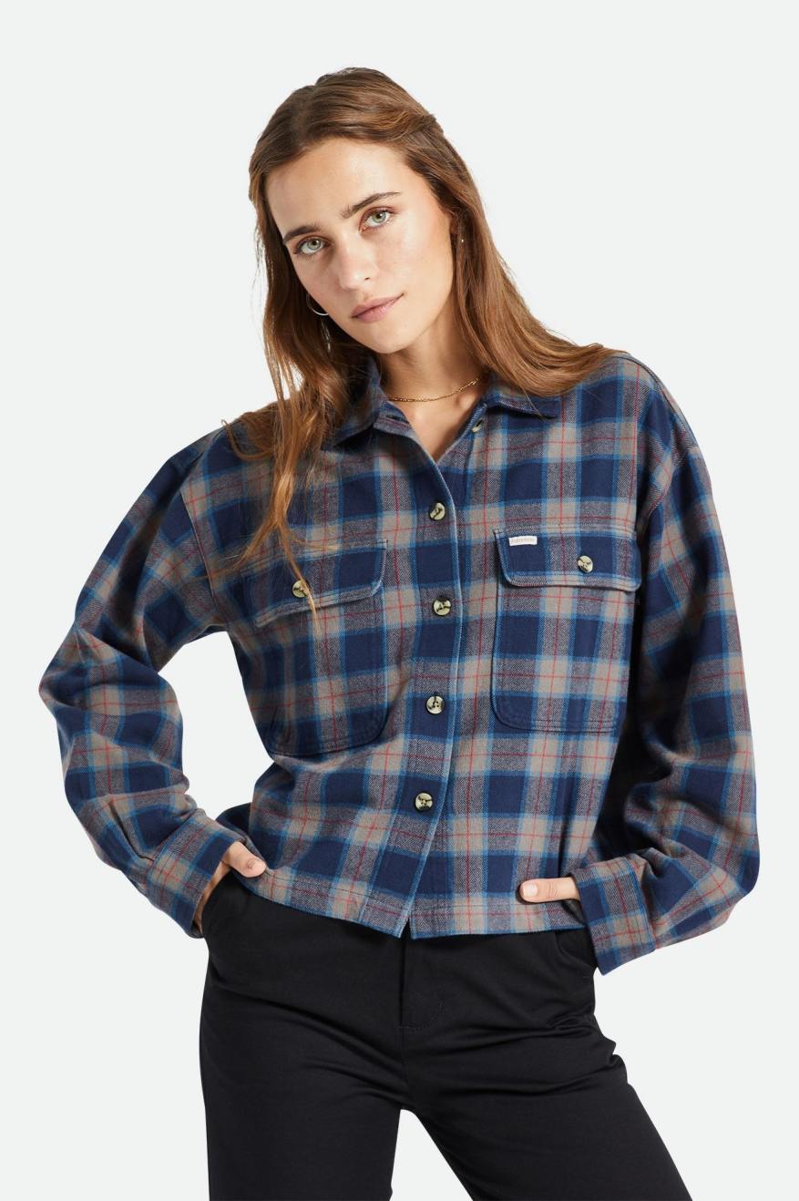 Navy / Grey Brixton Bowery L/S Women's Flannels | 392604NHV