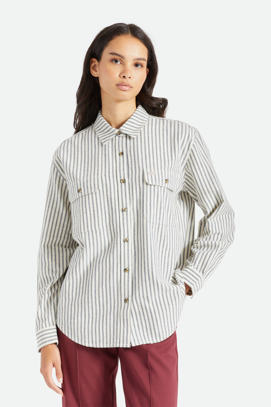 Stripes Brixton Bowery Boyfriend L/S Women's Tops | 267485EAF